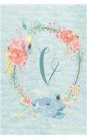Notebook 6"x9" - Initial V - Light Blue and Pink Floral Design