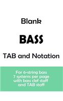 Blank Bass TAB and Notation: for 6-string bass, 6 systems per page with bass clef staff and TAB staff