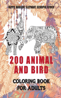 200 Animal and Bird - Coloring Book for adults - Hippo, Baboon, Elephant, Scorpio, other