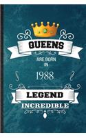 Queens Are Born In 1988 Legend Incredible: Practical Blank Lined Birthday Month Year Notebook/ Journal, Appreciation Gratitude Thank You Graduation Souvenir Gag Gift, Superb Sayings Graphic