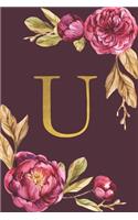 U: Personalized Initial Monogram Blank Lined Notebook Journal Printed Peony flowers, for Women and Girls 6x9 inch. Christmas gift, birthday gift idea