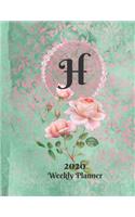 Plan On It Large Print 2020 Weekly Calendar Planner 15 Months Notebook Includes Address Phone Number Pages - Monogram Letter H: January 2020 through March 2021: Green and Pink Damask Lace with Roses on Glossy Cover