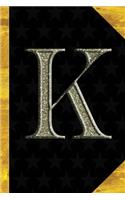K: Black with Gold Classic Vintage theme - Personalized College Lined Notebook Journal - Diary & Note Taking -Initial Monogram Glitters Letter Star Emb