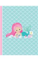 Cute Pink Hair Mermaid Girl and Friends Notebook Wide Ruled Paper: 200 Lined Pages 8.5 X 11 Writing Journal, School Teachers, Students Exercise Subject Book, Seahorse Shells Pink Blue