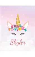 Skyler: Personalized Unicorn Sketchbook For Girls With Pink Name - Girls Customized Personal journal/ blank book - 8.5x11 110 Pages Doodle Sketch Create- cu