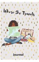 Where She Travels - (6x9 lined journal gold rain drops seated girl cover)