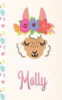 Molly: Personalized Llama Dot Grid Bullet Journal/Notebook For Girls With Pink Name - 8.5x11 110 Pages Dotted Journal Diary Paper