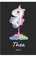 Thea - Notes: Noms Personnalisé Carnet de notes / Journal pour les filles et les femmes. Kawaii Licorne pétant arc-en-ciel. Accessoires de licorne amusants et fou