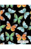 Composition Notebook: Blue Green and Orange Butterflies on Black Composition Notebook - 8.5in X 11in - 150 Pages (75 Sheets) College Ruled Lined Paper. Glossy Cover