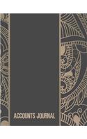 Accounts Journal: Account journal, space for tracking of cash or check payments, features columns for description, reference, and debit or credit, gold and brown.