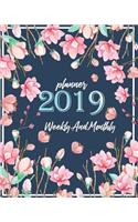 2019 Planner Weekly and Monthly: Weekly Daily and Monthly Calendar Schedule Organizer Journal Notebook with Holiday and Peony Floral Cover