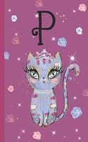 P: Kitty Cat Journal, personalized monogram letter P blank lined diary with interior pages decorated with kitty cats and flowers.