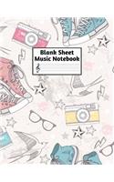 Blank Sheet Music Notebook: Easy Blank Staff Manuscript Book Large 8.5 X 11 Inches Musician Paper Wide 12 Staves Per Page for Piano, Flute, Violin, Guitar, Trumpet, Drums, Cell