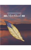 Personalized Sketchbook, Sunset, Lake, Feather, 120 Pages, (8.5