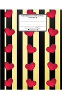 Wide Ruled Composition Notebook. 8.5" x 11". 120 Pages. Heart and Love: Red Hearts On Horizontal Yellow Black Lines Pattern Cover. Notebook Composition Book Wide Ruled for Kids, girls, boys, school, students, teachers. E