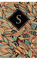 S: Monogrammed Blank Lined Journal: Beautiful and Classic: Vibrant Ornate Orange, Blue and Cream Pattern Design