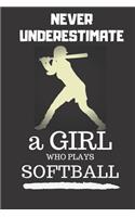 Never Underestimate a Girl Who Plays Softball: Journal Players Notebook Softball Gifts, Girls Birthday Present, lined Notebook 6x9 120 Pages: Journal, Players Notebook, Softball Gifts, Girls Birt