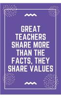 Great teachers share more than the facts, they share values: Best Teacher Notebook - Best Gift For Teacher - Lined Journal 6" x 9"