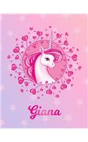 Giana: Unicorn Large Blank Primary Handwriting Learn to Write Practice Paper for Girls - Pink Purple Magical Horse Personalized Letter G Initial Custom Fir