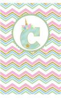 Unicorn Monogram Journal - Letter C: Mint Green Letter with a Unicorn Horn and Flowers Accent on Bright Colored Zigzag Stripe Background