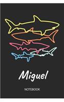 Miguel - Notebook: Blank Lined Personalized & Customized Name 80s Neon Retro Shark Notebook Journal for Men & Boys. Funny Sharks Desk Accessories Item for 1st Grade / 