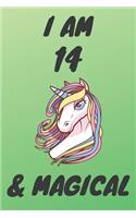 I Am 14 And Magical: Unicorn 14th Birthday Journal Present / Gift for Teens Green Theme (6 x 9 - 110 Blank Lined Pages)