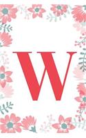 W: Monogram Initial W Journal for Girls and Women, White Floral 6 X 9