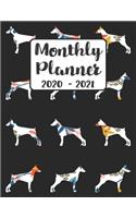 Monthly Planner 2020-2021: Floral Doberman Dog - Two Year Calendar Organizer Agenda with Notes, Address, Password, & Dot Grid Pages