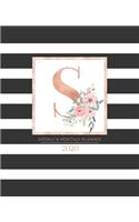 Weekly & Monthly Planner 2020 S: Black and White Stripes Rose Gold Monogram Letter S with Pink Flowers (7.5 x 9.25 in) Horizontal at a glance Personalized Planner for Women Moms Gir