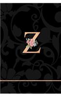 Z: Letter Z Monogram Floral Journal, Pink Flowers on Elegant Black, Personal Name Initial Personalized Journal, 6x9 Inch Blank Lined College Ruled Note
