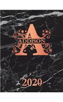 Addison: 2020. Personalized Name Weekly Planner 2020. Monogram Letter A Notebook Planner. Black Marble & Rose Gold Cover. Datebook Calendar Schedule