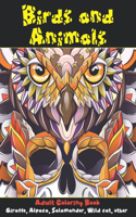 Birds and Animals - Adult Coloring Book - Giraffe, Alpaca, Salamander, Wild cat, other