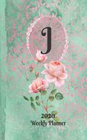 Plan On It Large Print 2020 Weekly Calendar Planner 15 Months Notebook Includes Address Phone Number Pages - Monogram Letter J: January 2020 through March 2021: Green and Pink Damask Lace with Roses on Glossy Cover