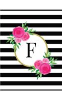 Black and White Striped Pink Floral Monogram Journal with Letter F