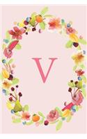 V: Soft Floral Wreath Monogram Sketchbook - 110 Sketchbook Pages (6 x 9) - Floral Watercolor Monogram Sketch Notebook - Personalized Initial Letter Jou