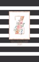 Weekly & Monthly Planner 2020 Z: Black and White Stripes Rose Gold Monogram Letter Z with Pink Flowers (7.5 x 9.25 in) Vertical at a glance Personalized Planner for Women Moms Girls