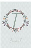 Beautiful Bohemian Style Journal with Initial: Boho Journal with Feathers & Tribal Pattern - Initial 'T'