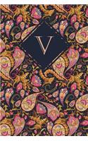 V: Monogrammed Blank Lined Journal: Beautiful and Classic: Vibrant Ornate Orange, Cream and Pink Paisley Pattern Design