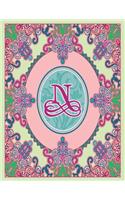Journal Notebook Initial Letter "N" Monogram: Fun, Decorative Wide-Ruled Diary. Featuring a Unique Pink and Teal Design with Pistachio Green Background. Ovals frame wild flowers and a dark pink (14 Journal 8.5x11 Pink Teal Scroll Frame Wildflowers Initial Letter Monogram)