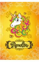 Amelia - Golden Unicorn personalized named Notebook: Personalized Golden Unicorn notebook For Girls Who Love Unicorns - Cute Golden Name, Cute Rainbow Unicorn For Kids, School, Students and Teachers (W