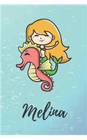 Melina: süßes personalisiertes Meerjungfrauen Schreibheft / Notizbuch / Tagebuch - viele Vornamen verfügbar - 100 Seiten liniert - Seepferdchen Tagebuch - S