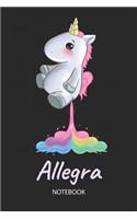 Allegra - Notebook: Blank Ruled Personalized & Customized Name Rainbow Farting Unicorn School Notebook Journal for Girls & Women. Funny Unicorn Desk Accessories for Kin