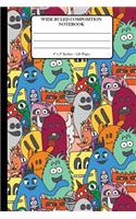 Wide Ruled Composition Notebook 6" x 9". 120 Pages.: Book Cover With Beautiful Doodle Monsters Seamless Pattern Background Pattern.