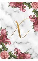 X: Marble Floral Initial Monogram Letter Minimalist Dot Bullet Notebook/Journal Gift Idea For Her, Girls And Women For Pretty Personlised Birthdays, Va