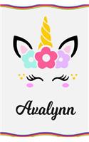 Avalynn: Personal Notebook Personal Diary Unicorn Notebook Writing Journal Personalized Notebook Custom Notebook Unicorn Gift Unicorn Birthday Book Custom Na