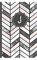 J: Stylish Chevron Letter J Monogram, Pink Grey & White Marble Journal 6x9 Inch Blank Lined College Ruled Notebook 120 Page Perfect Bound Glossy Soft C