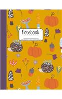 Notebook Wide Ruled 8.5" x 11" in / 21.59 x 27.94 cm: Composition Book, Orange Cover with Porcupines and Pumpkins, W851
