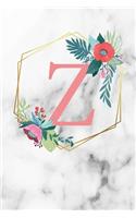Z: Monogram Letter Z 120 Pages 6x9 Inches Notebook Marble Gold White personalized Name colored Flowers Initial Diary for Women and Girls