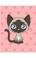 Notebook: Cute Siamese Cat, Pink Hearts Girly Notebook, Large Size - Letter, Wide Ruled