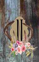 N: Monogram N, Initial N, Country Blue Faux Digitally Printed Wood With Watercolor Floral Antlers, Chic Blank Notebook, 110 Lined Pages (55 Pages), Smo